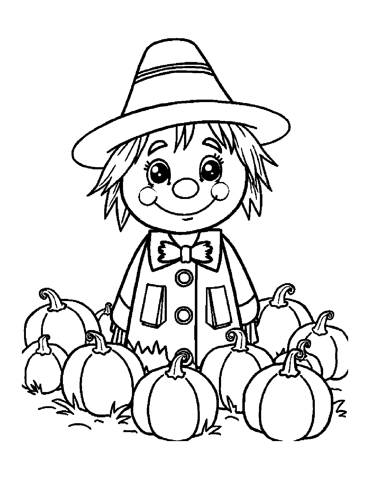 Coloring page of a smiling scarecrow in a straw hat surrounded by pumpkins