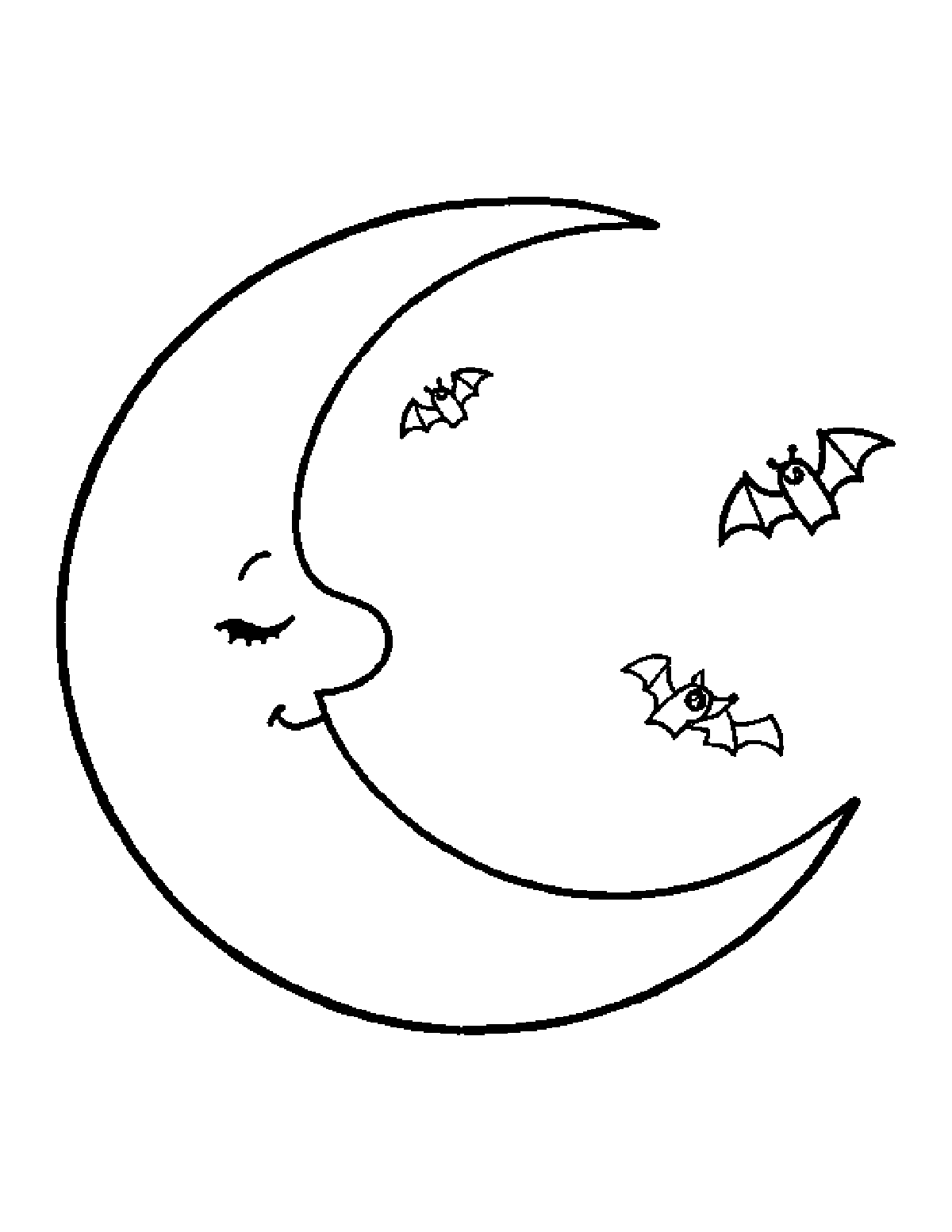 Coloring page of a crescent moon with a sleepy smiling face and three small bats