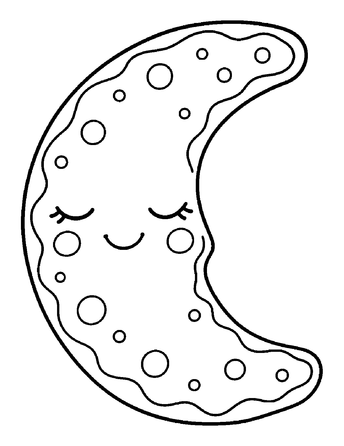 Coloring page of a sleepy crescent moon cookie with icing dots