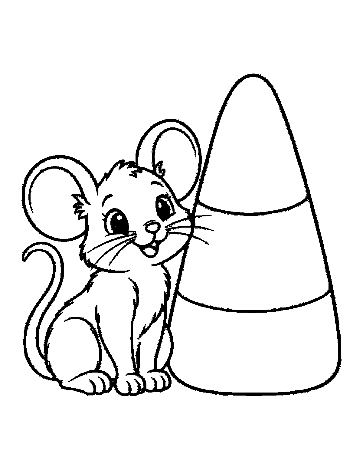 Coloring page of a smiling mouse sitting beside a giant candy corn