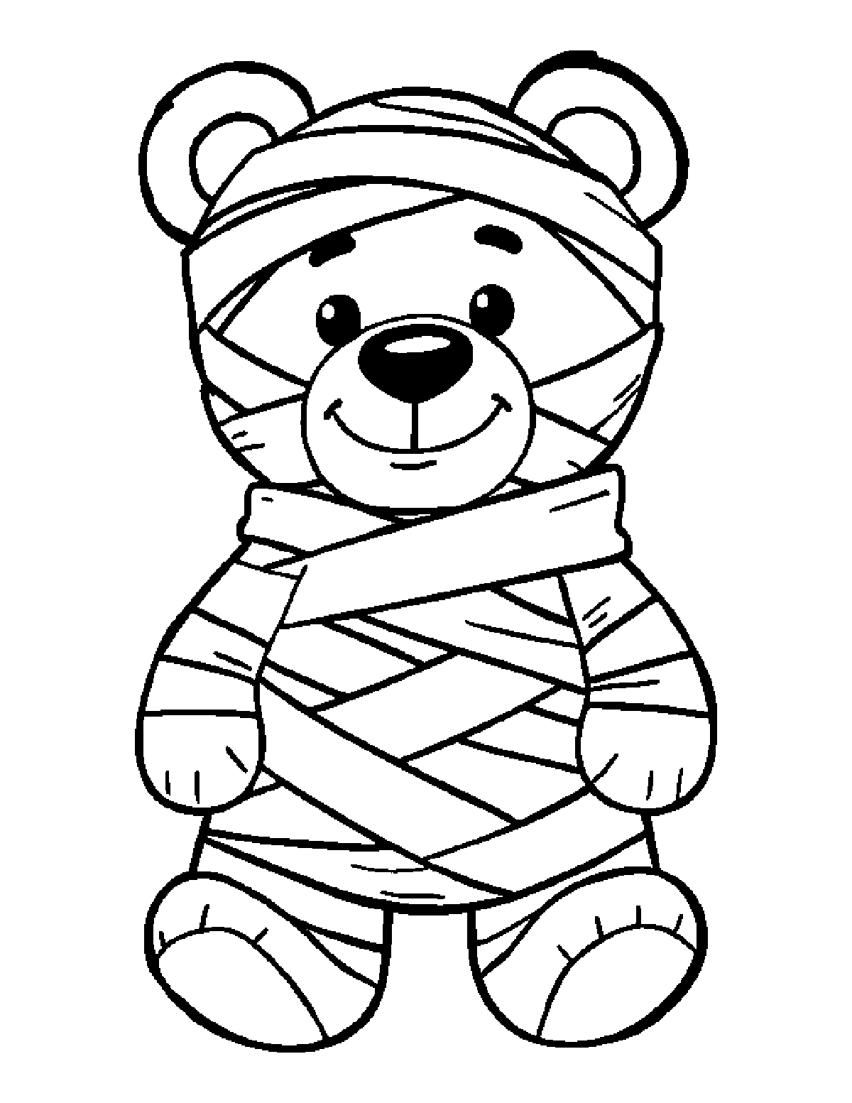 Coloring page of a teddy bear wrapped in loose bandages like a mummy