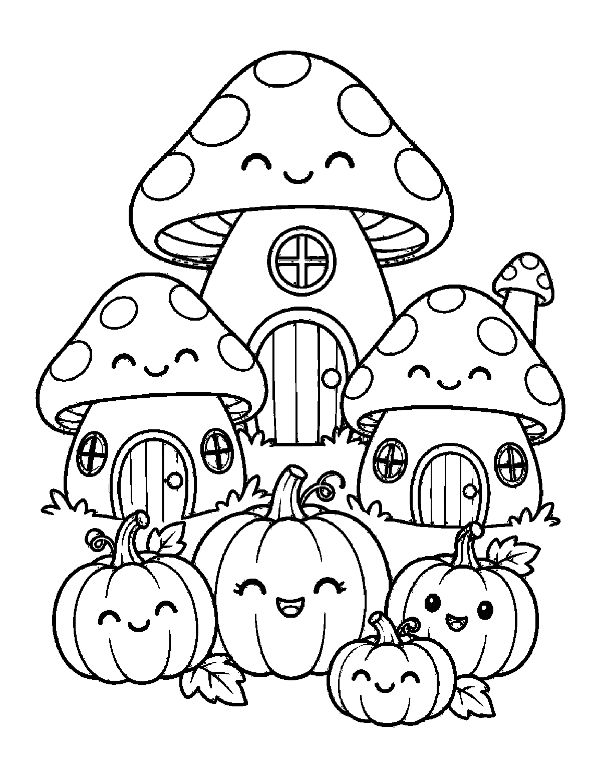 Coloring page of three smiling mushroom houses with round doors, pumpkins, leaves, and vines in front