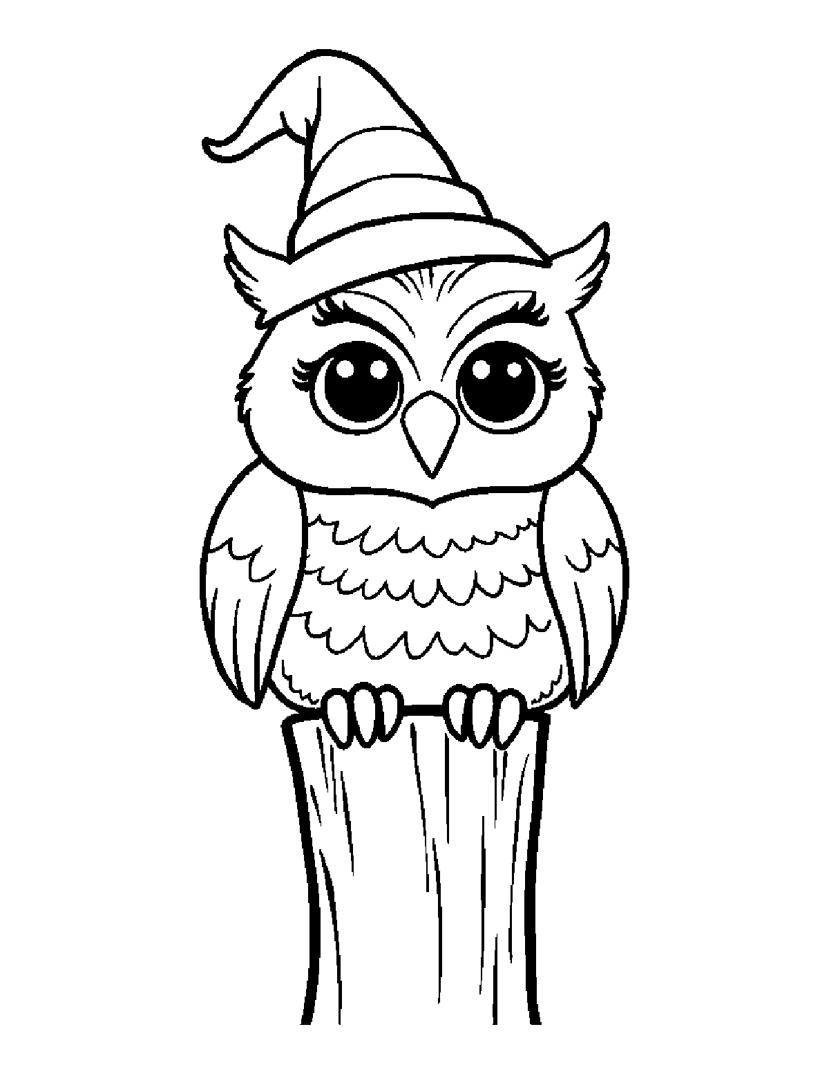 Coloring page of a baby owl wearing a pointy witch hat while perched on a wooden post