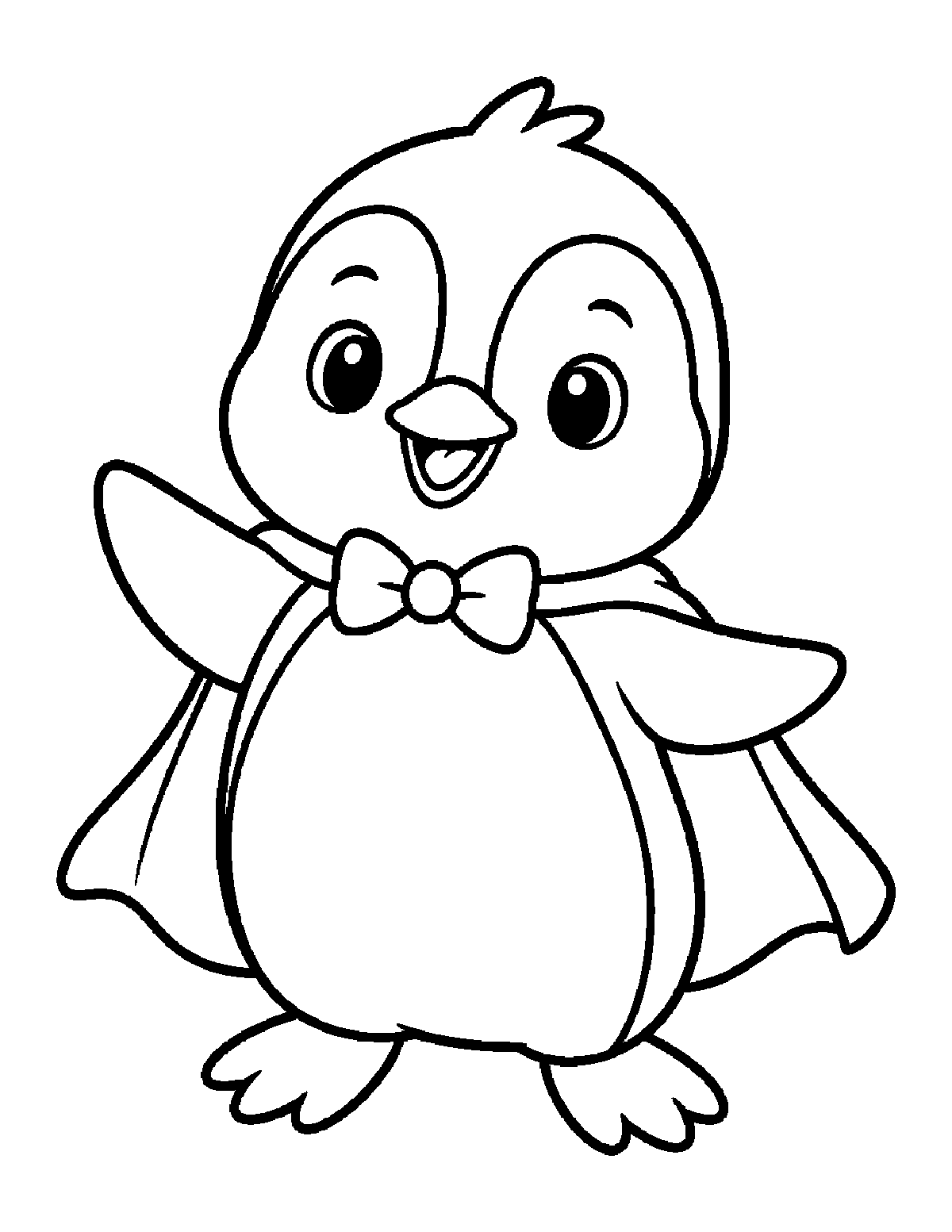 Coloring page of a smiling baby penguin wearing a cape and bow tie