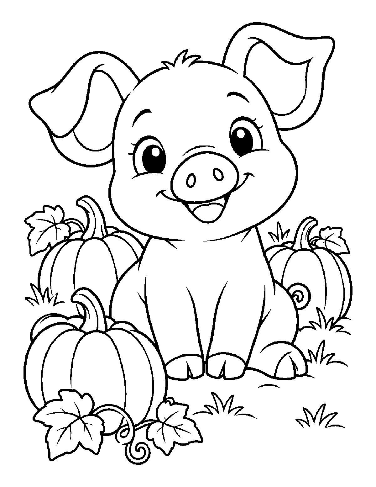 Coloring page of a smiling piglet sitting among pumpkins, leaves, and vines