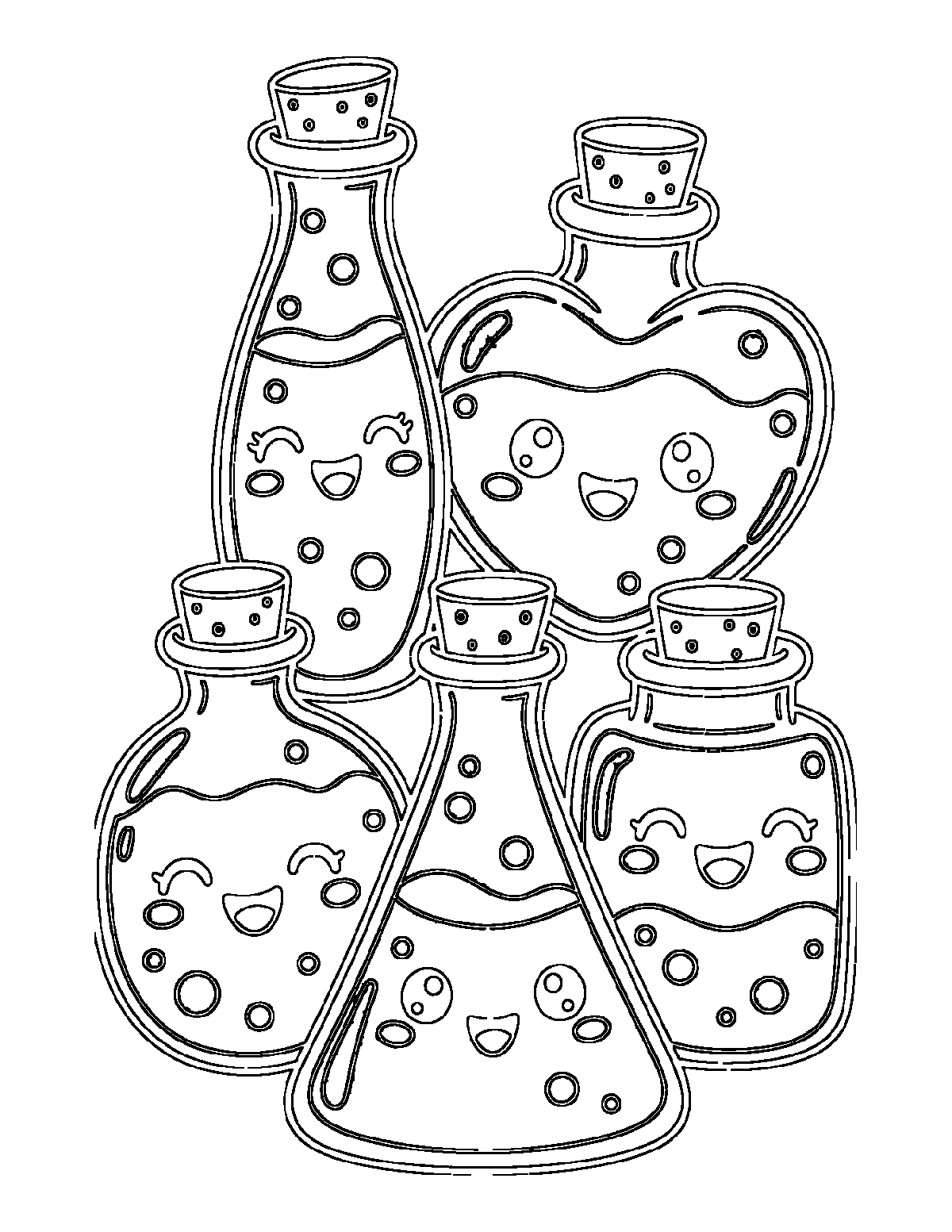 Coloring page of five smiling potion bottles with corks, bubbles, and wavy liquid lines