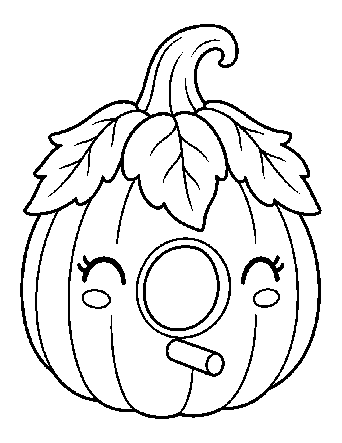 Coloring page of a pumpkin birdhouse with leaves, a round doorway, and a small perch