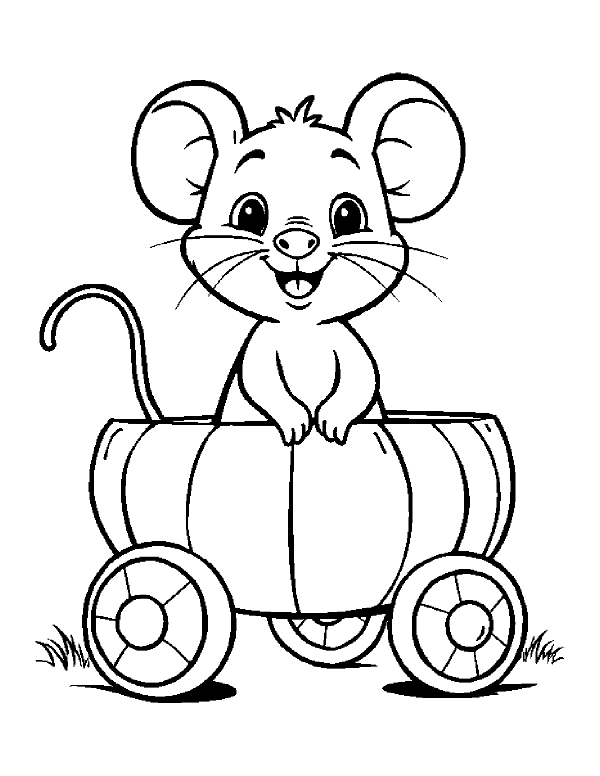 Coloring page of a smiling mouse riding in a pumpkin wagon with two round wheels