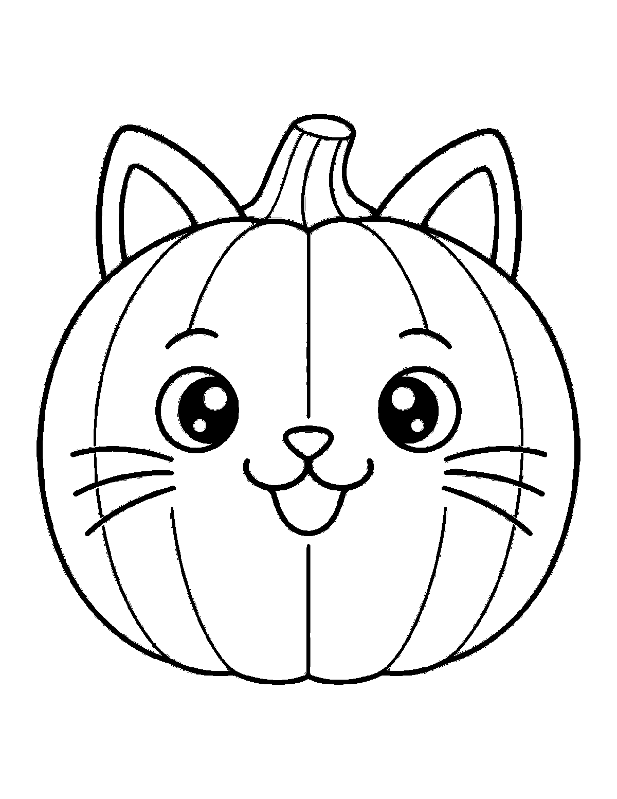 Coloring page of a round pumpkin with cat ears, whiskers, and a happy cat face