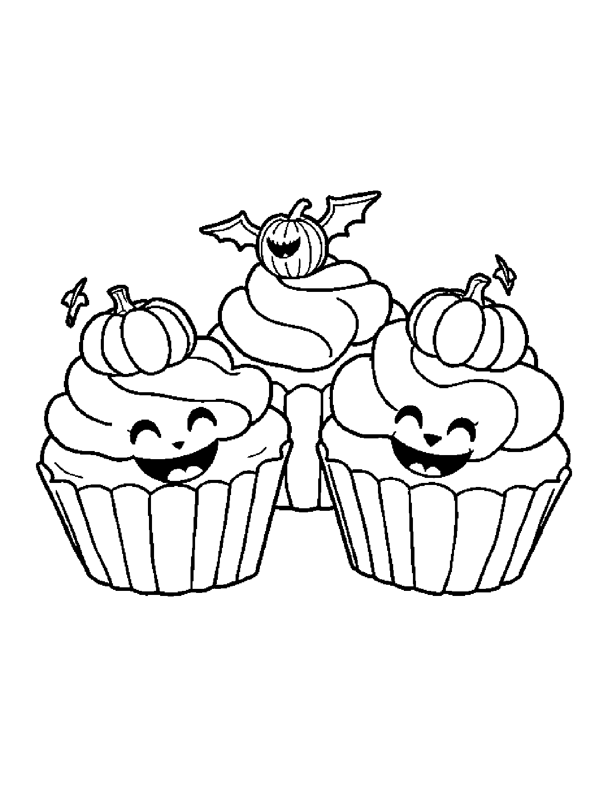 Coloring page of three cupcakes topped with smiling pumpkins and a little bat