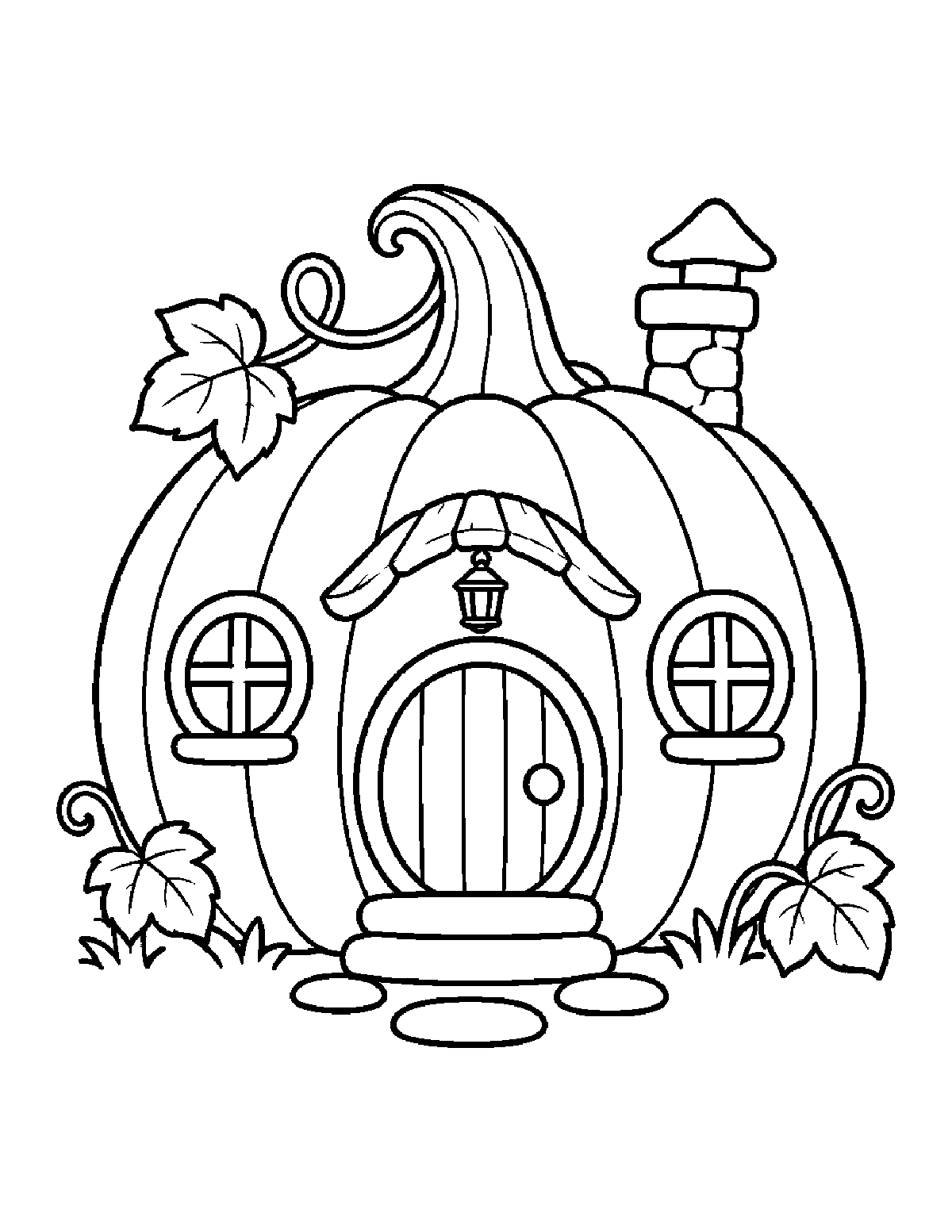 Coloring page of a pumpkin fairy cottage with a rounded door, round windows, vines, and a chimney