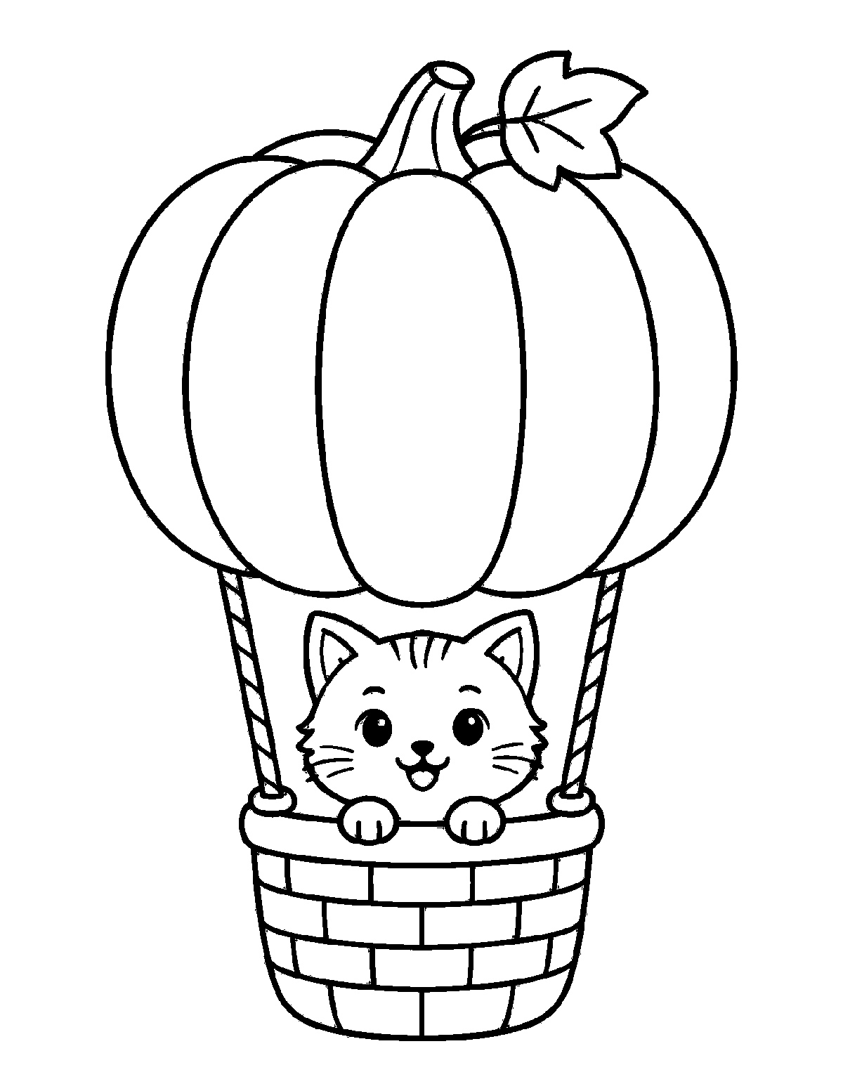 Coloring page of a pumpkin shaped hot air balloon with a smiling kitten in the basket