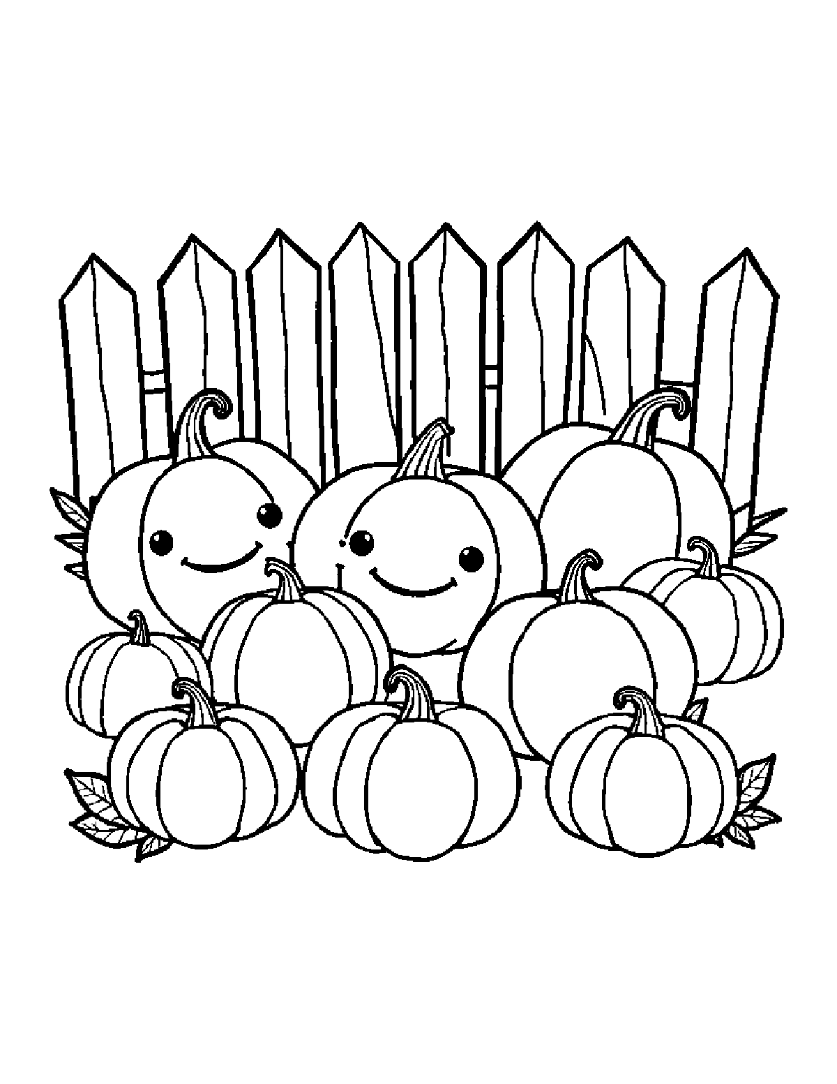 Coloring page of a pumpkin patch full of smiling pumpkins in front of a wooden fence