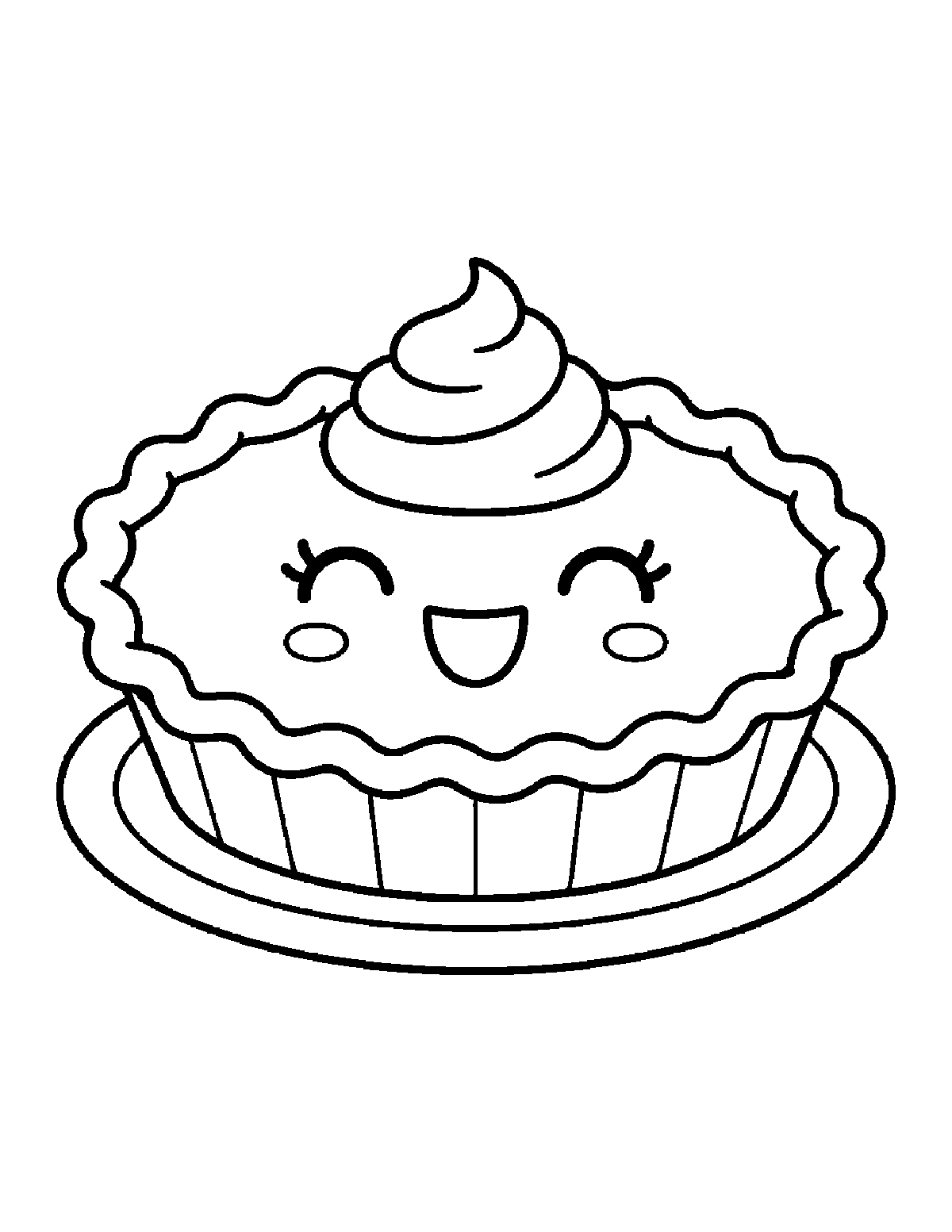 Coloring page of a smiling pumpkin pie with whipped cream on a plate