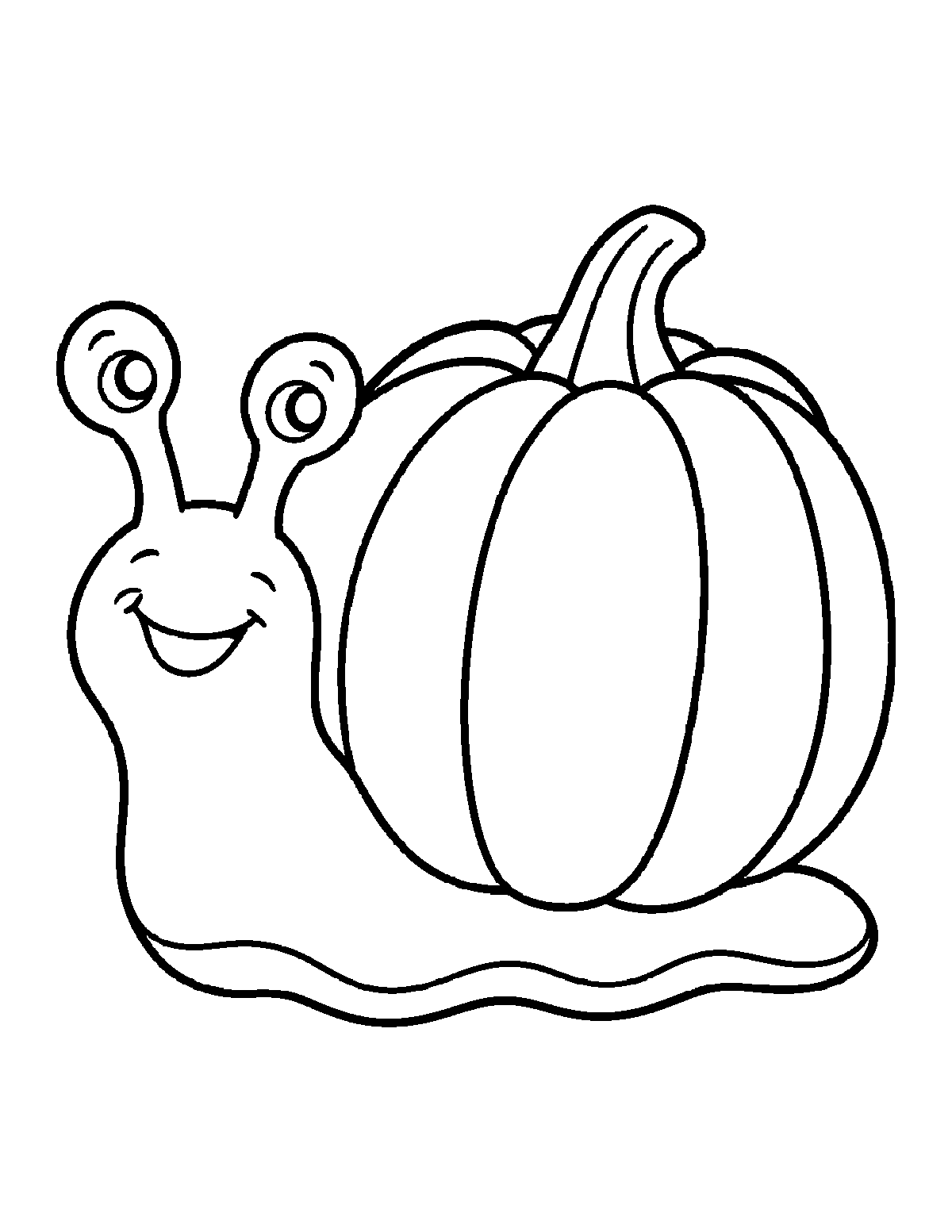Coloring page of a smiling snail with a large pumpkin shell and tall eye stalks