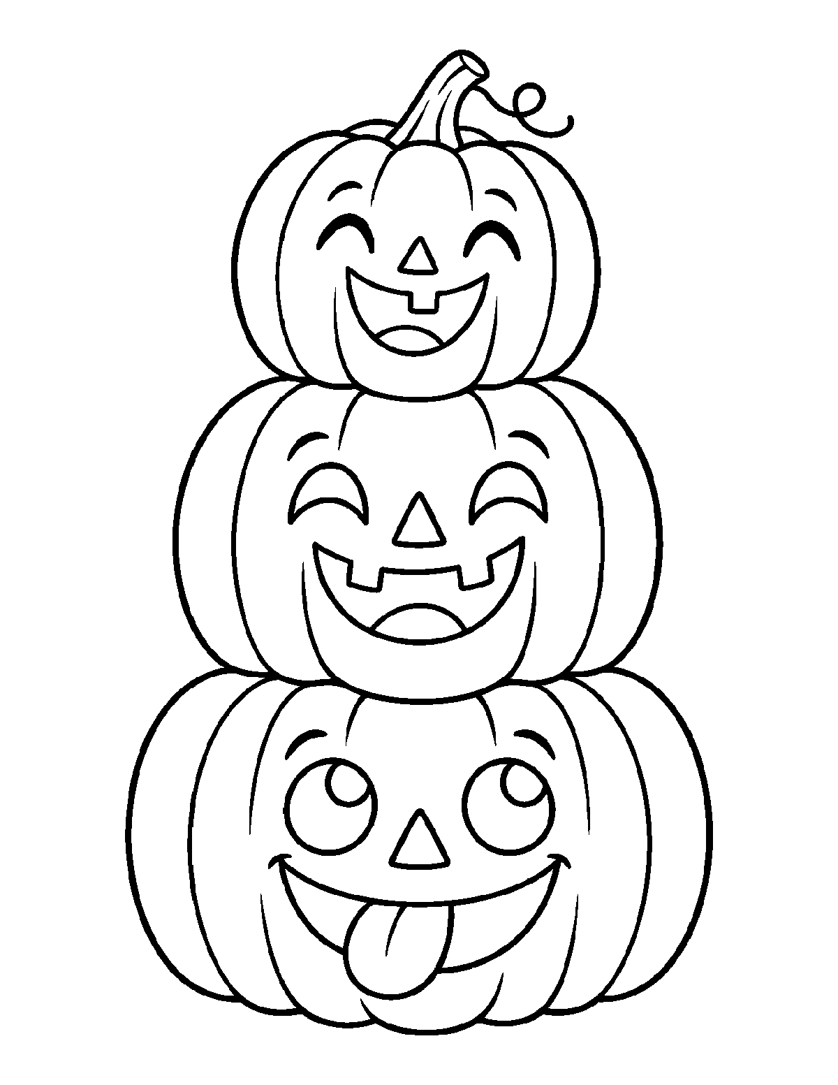 Coloring page of three smiling jack-o-lantern pumpkins stacked in a tower