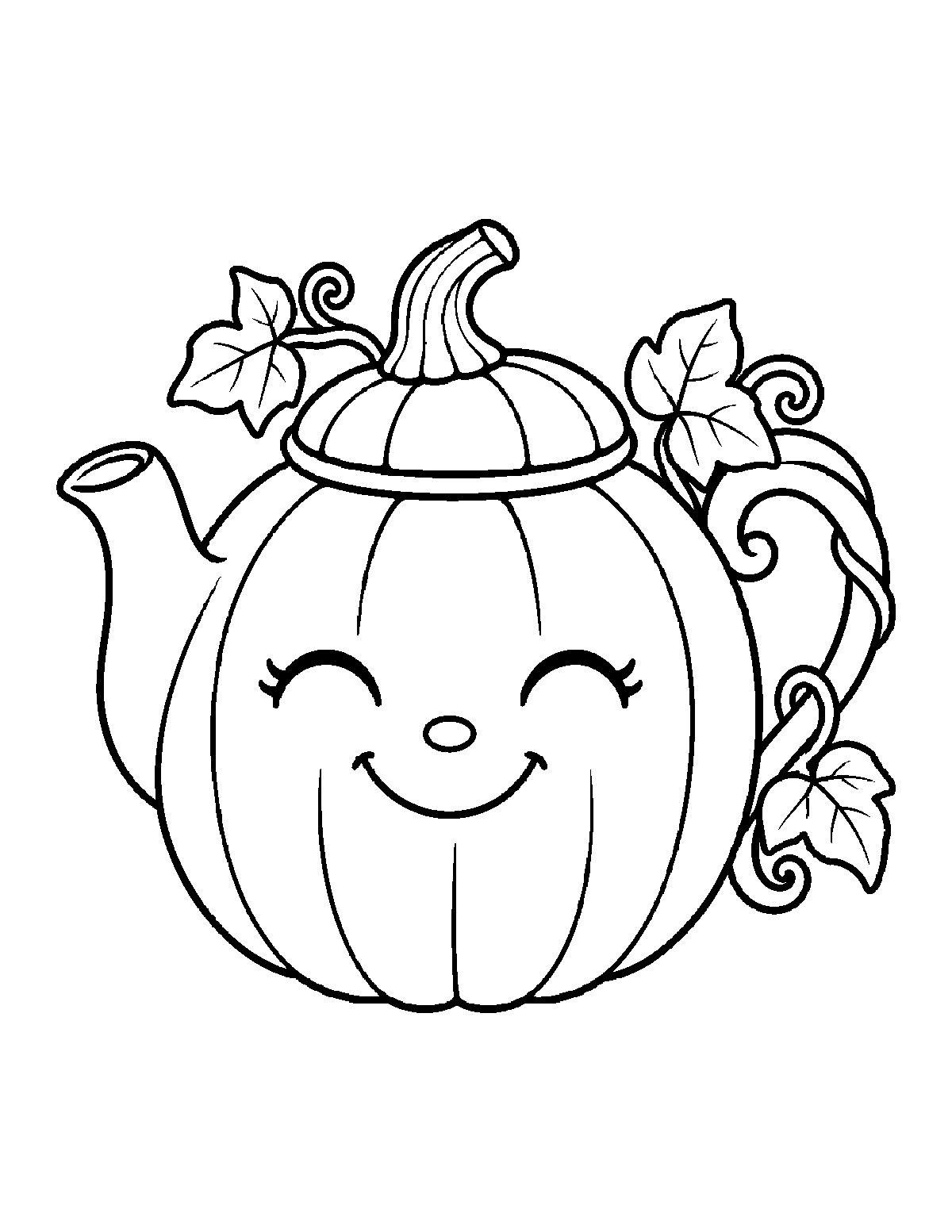 Coloring page of a smiling pumpkin teapot with a spout, curly vine handle, leaves, and a lid