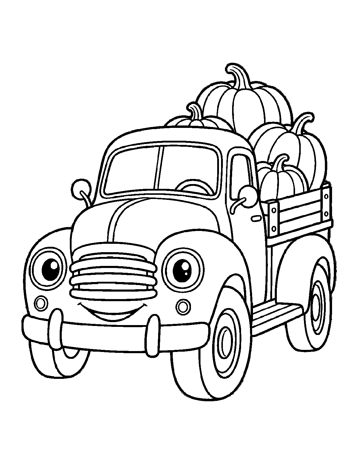 Coloring page of a little old-fashioned truck carrying pumpkins in its bed