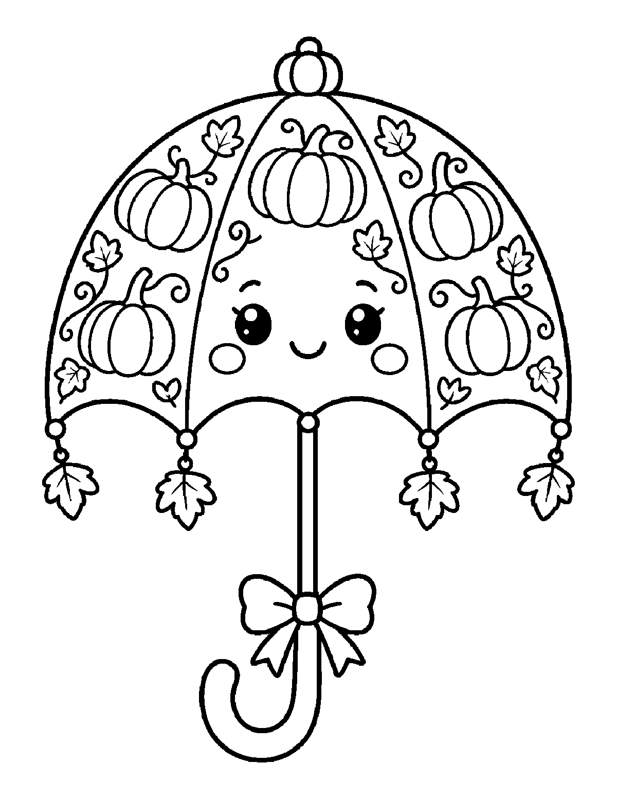 Coloring page of a smiling umbrella decorated with pumpkins, leaves, vines, and dangling leaf charms
