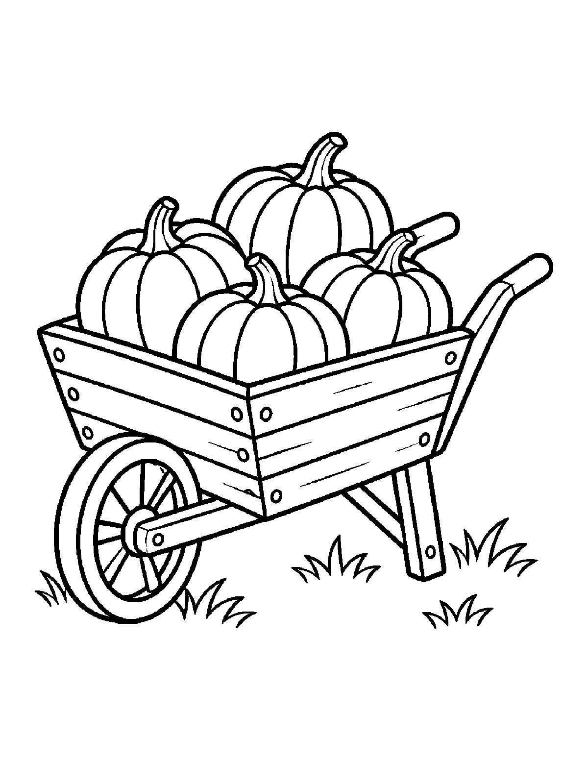 Coloring page of a wooden wheelbarrow filled with pumpkins on grass