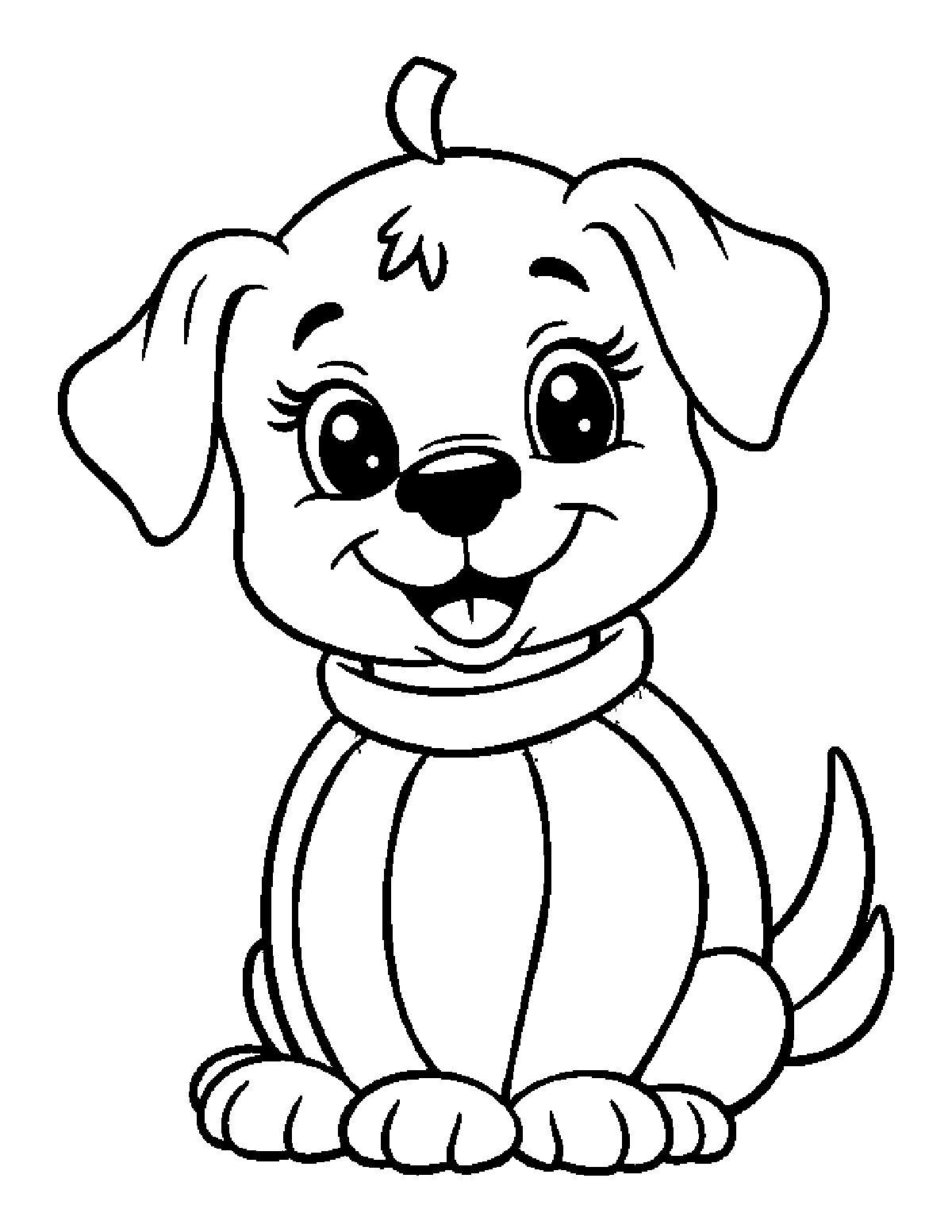 Coloring page of a happy puppy sitting up in a round pumpkin costume with a little stem on its head