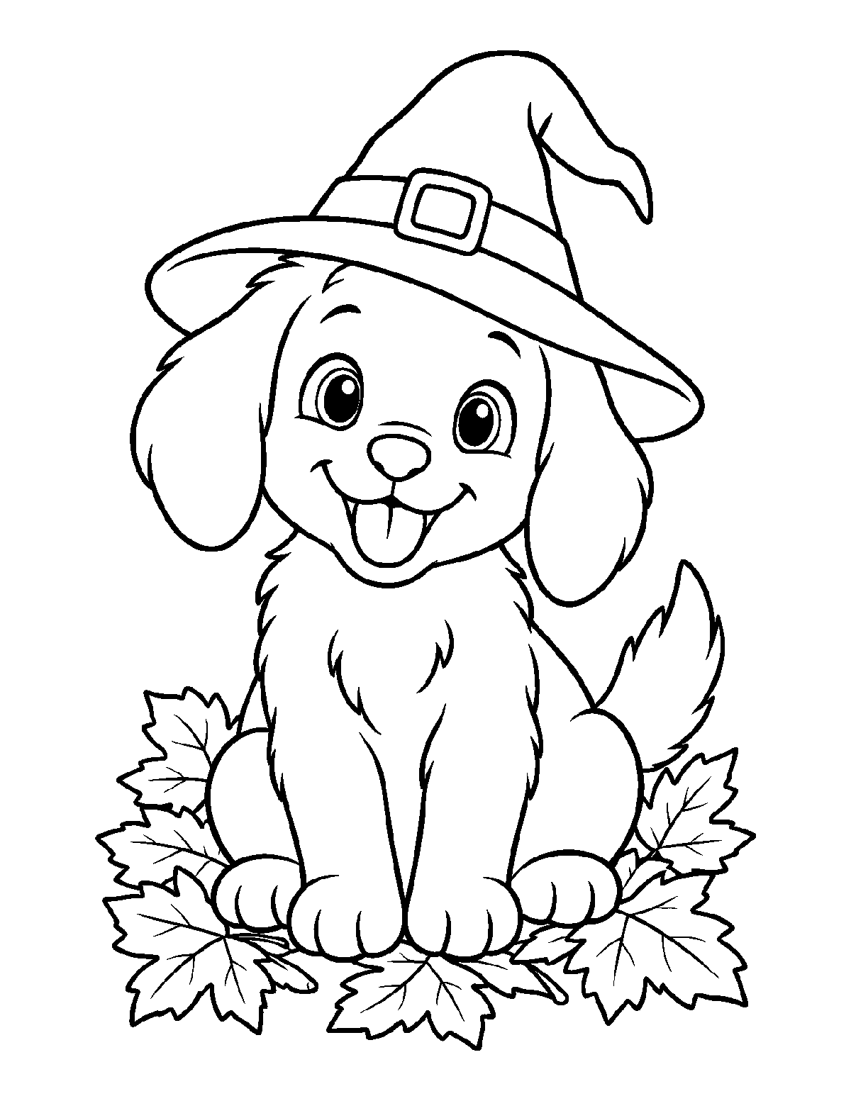 Coloring page of a smiling puppy wearing a witch hat sitting in autumn leaves