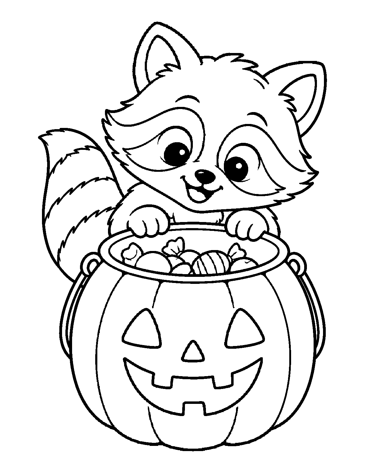 Coloring page of a smiling raccoon peeking into a pumpkin candy bucket filled with wrapped sweets