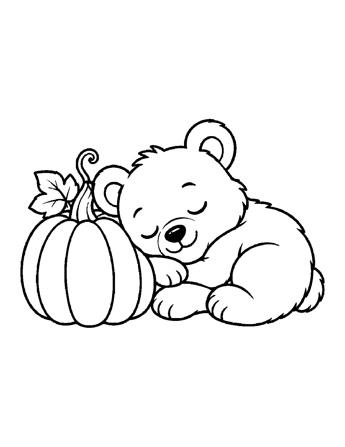 Coloring page of a sleeping bear cub curled beside a pumpkin with leaves and a vine behind it