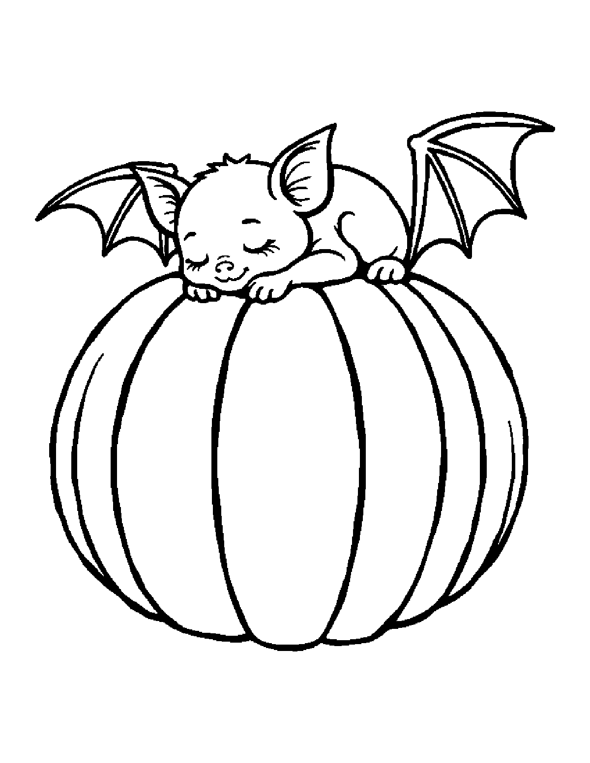 Coloring page of a baby bat sleeping on top of a big round pumpkin with its wings spread out