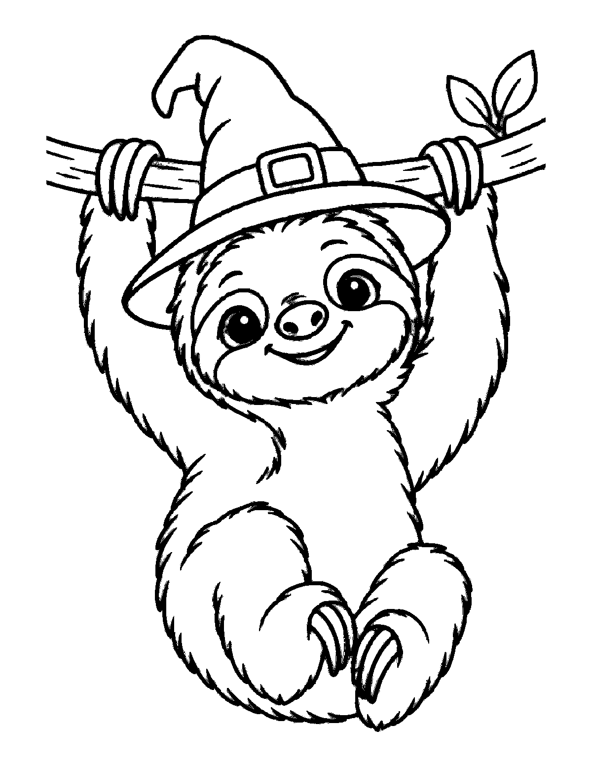 Coloring page of a smiling baby sloth hanging from a branch while wearing a witch hat