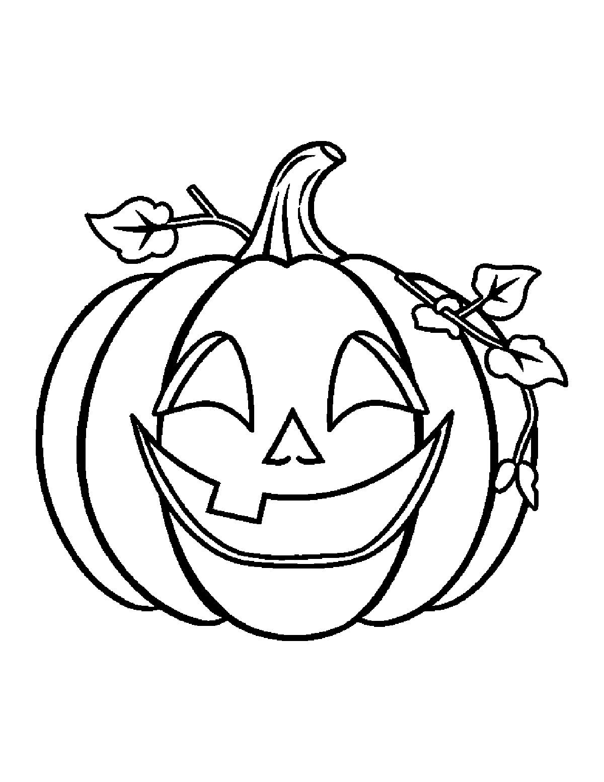 Jack-o'-lantern coloring page with a big squinty grin and a curly vine
