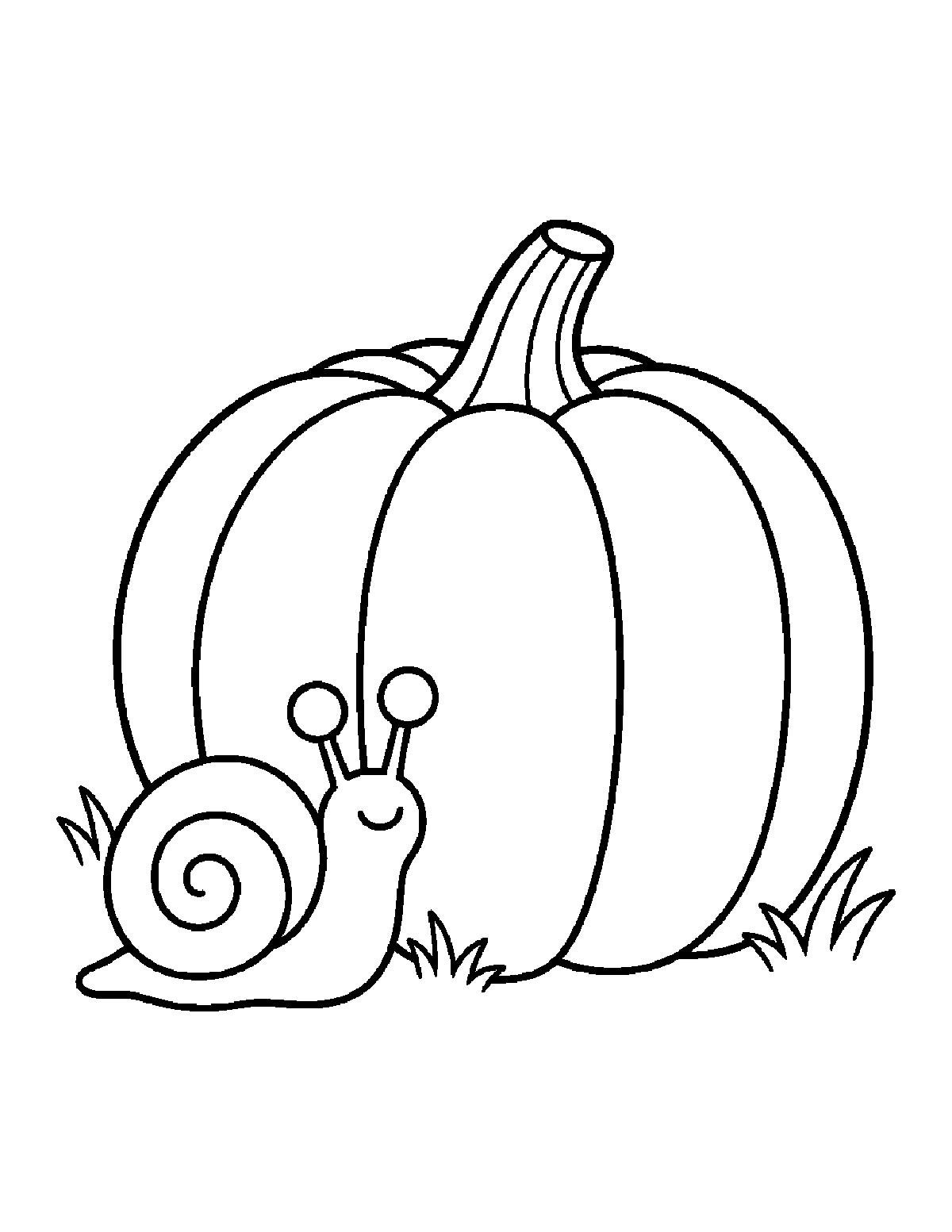 Coloring page of a smiling snail with a spiral shell beside a giant pumpkin