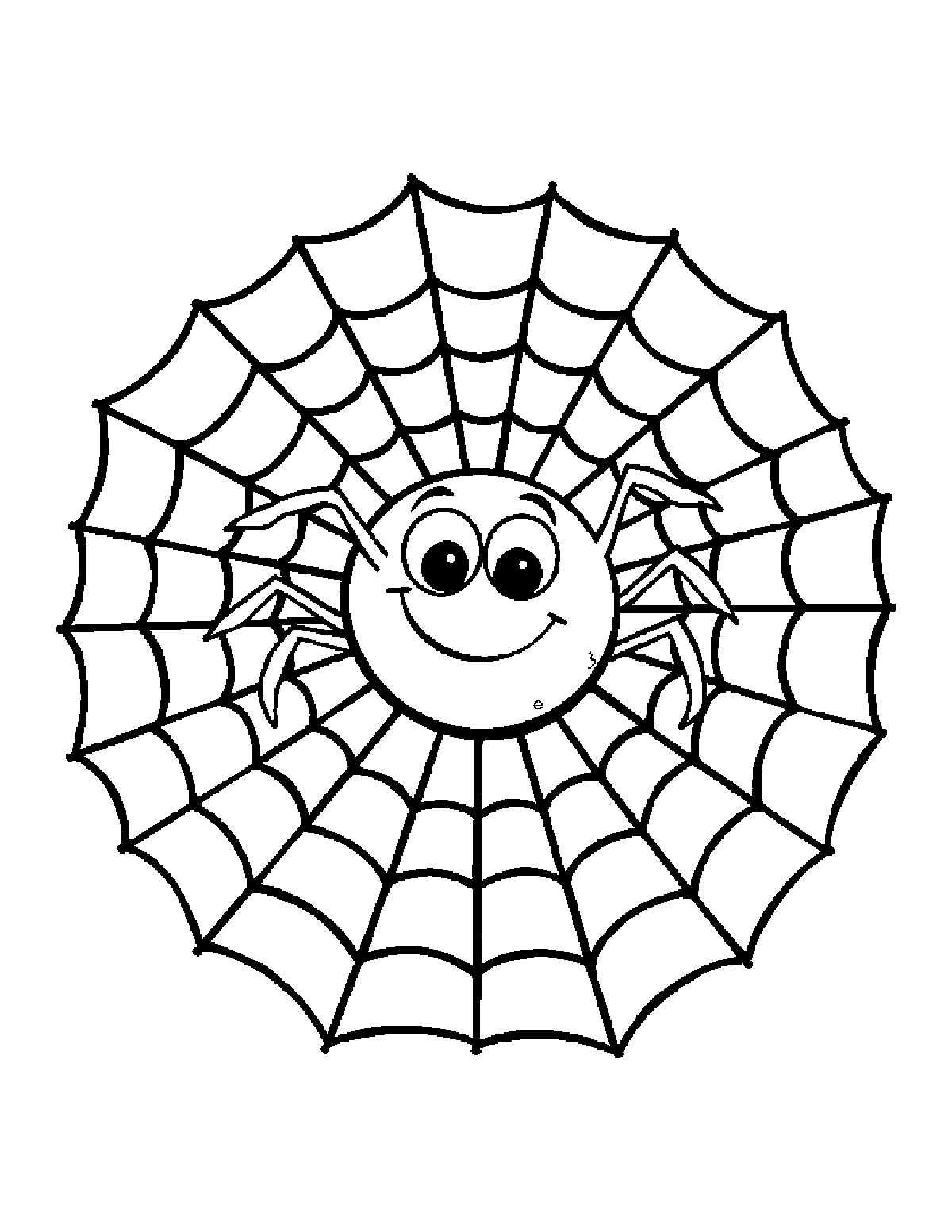 Coloring page of a round smiling spider sitting in the middle of a large spider web
