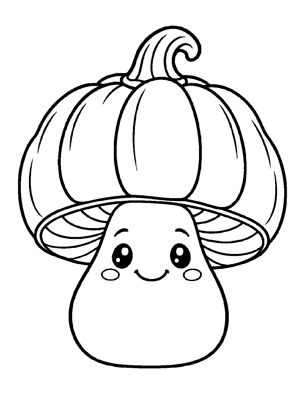 Coloring page of a smiling mushroom with a large pumpkin-shaped cap and curled stem