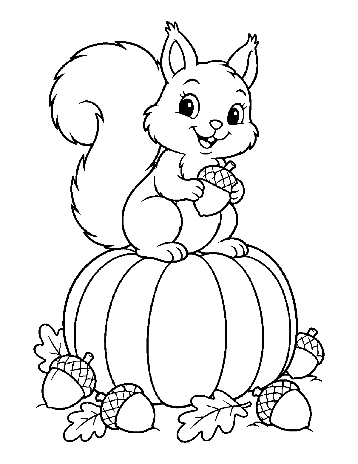 Coloring page of a smiling squirrel holding an acorn while sitting on a large pumpkin with acorns and leaves around it