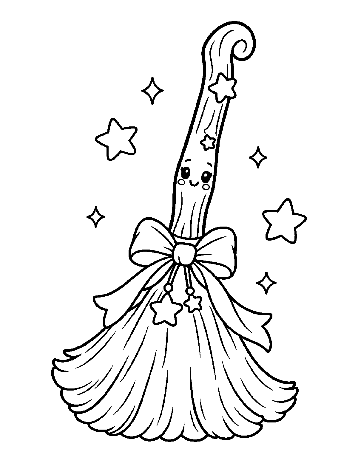Coloring page of a smiling broom with a bow, star charms, and floating stars