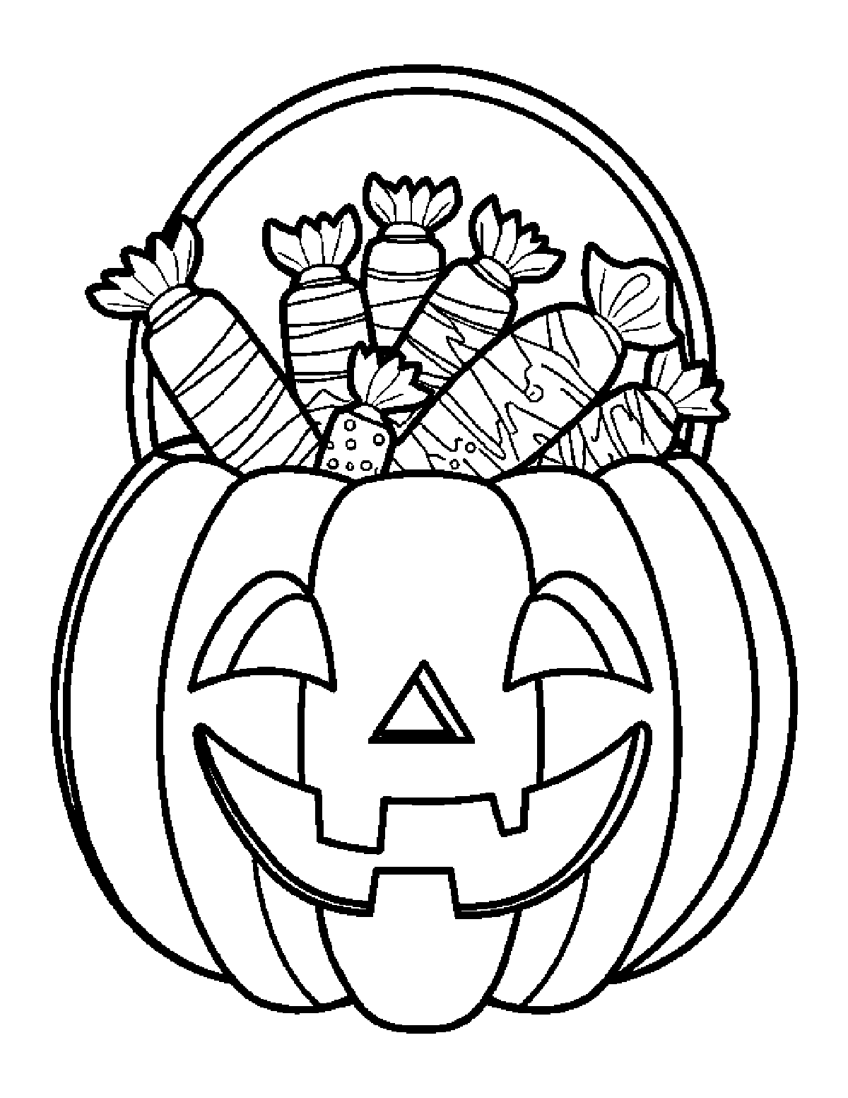 Coloring page of a jack-o'-lantern candy bucket overflowing with wrapped treats