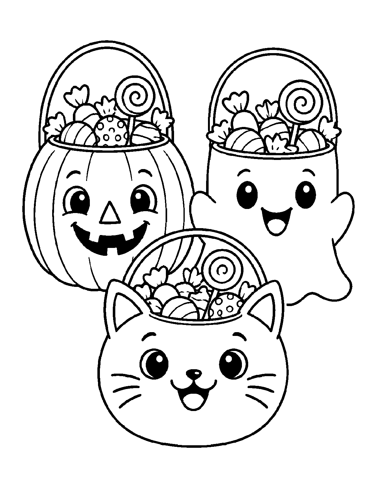 Coloring page of three smiling trick-or-treat buckets shaped like a pumpkin, a ghost, and a cat, filled with candy