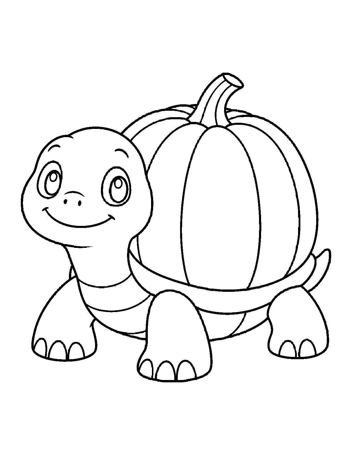 Coloring page of a smiling turtle with a round pumpkin shell and stem
