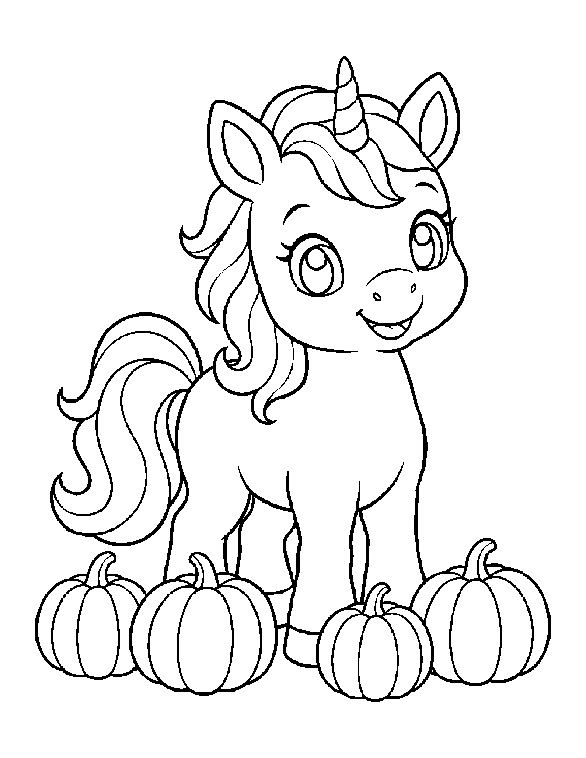Coloring page of a smiling baby unicorn standing behind four pumpkins