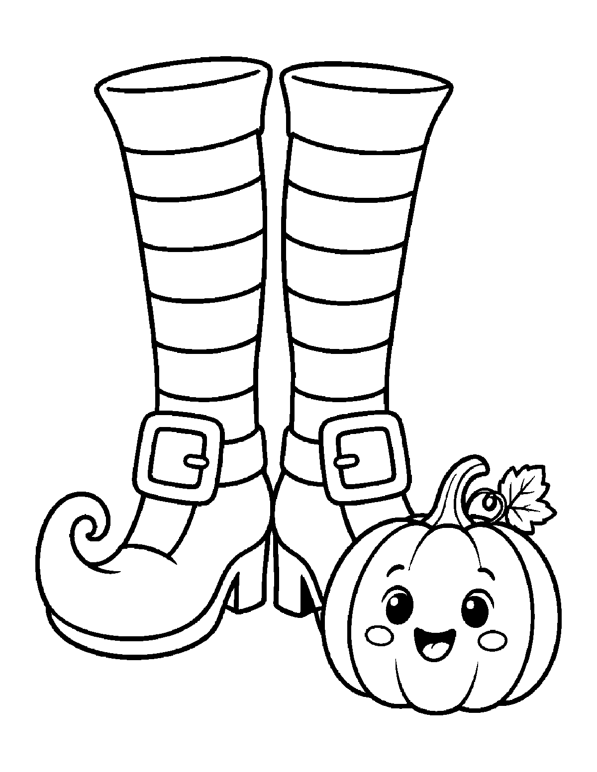Coloring page of tall striped witch boots with square buckles beside a smiling pumpkin with a curled stem and leaf