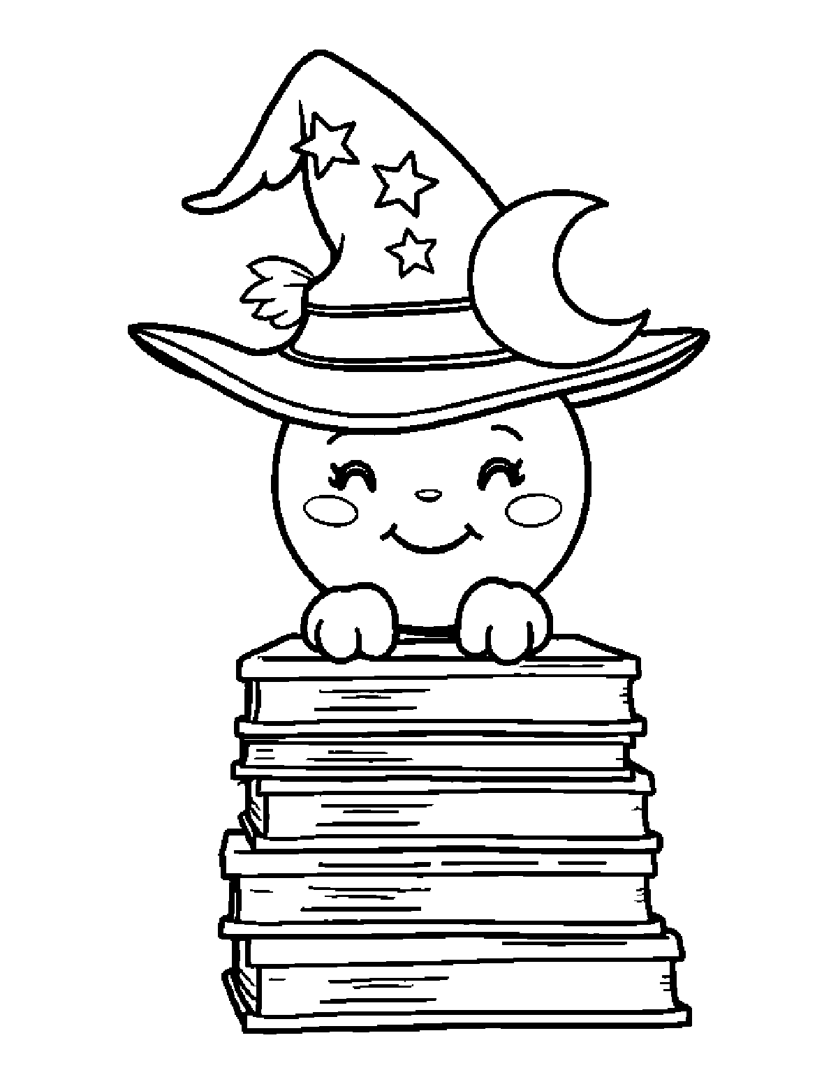 Coloring page of a smiling moon-faced character wearing a starry witch hat on a stack of books