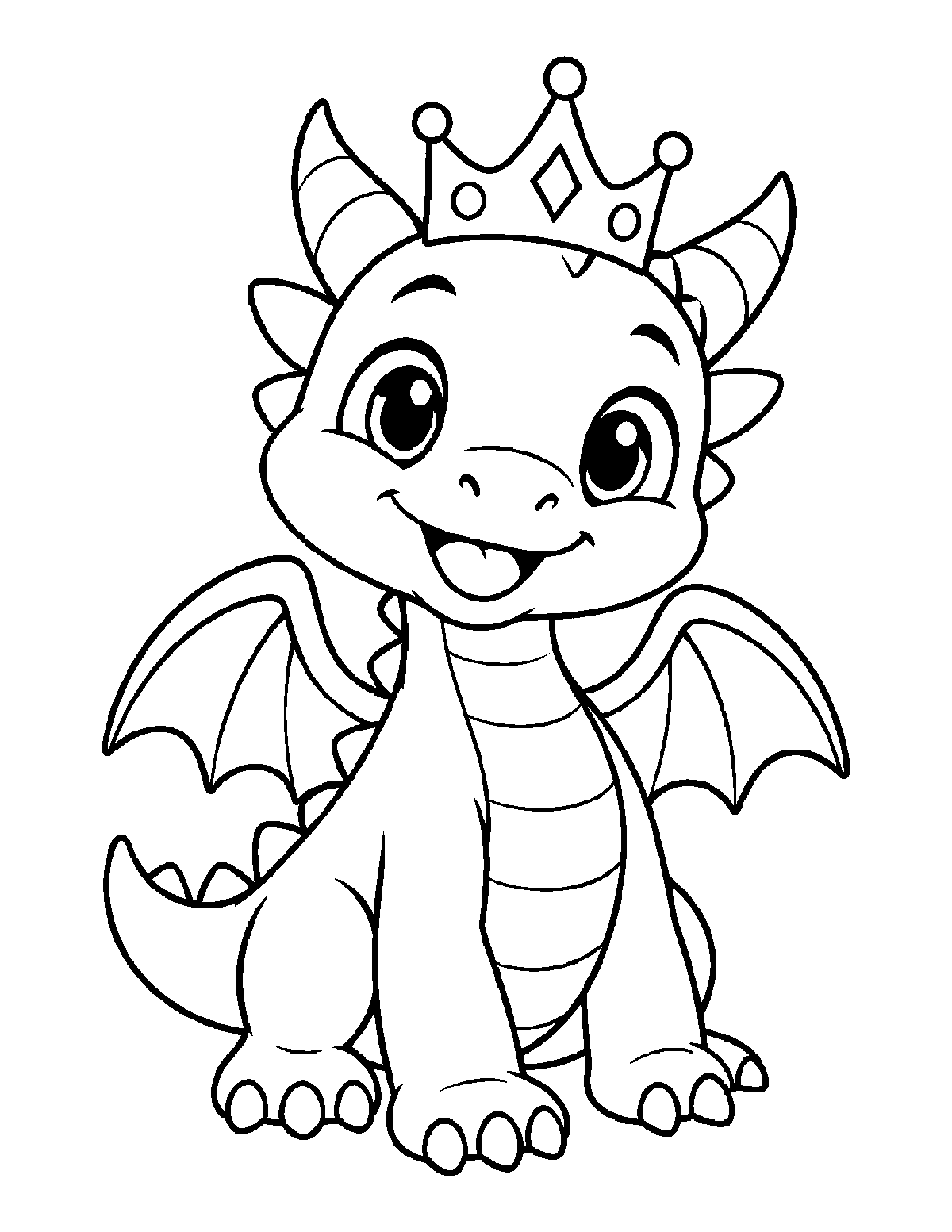 Coloring page of a smiling baby dragon with a jeweled crown, curled horns, wings, and a spiked tail
