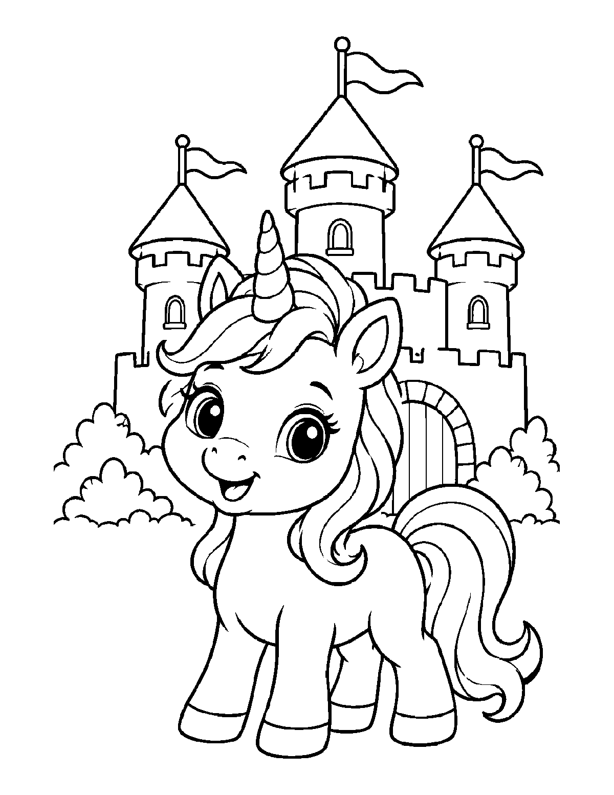 Coloring page of a smiling baby unicorn standing in front of a three-tower castle with flags and bushes