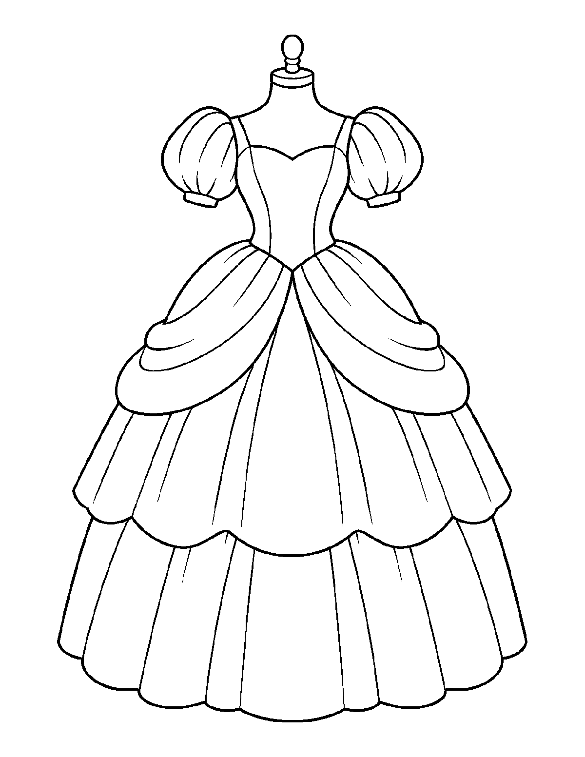 Coloring page of a layered princess ball gown with puff sleeves displayed on a dress form