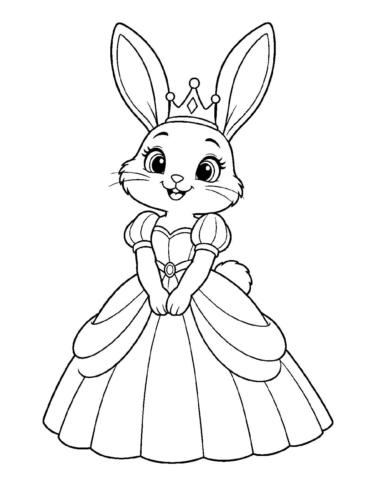 Coloring page of a smiling bunny princess with tall ears, a crown, and a layered ball gown