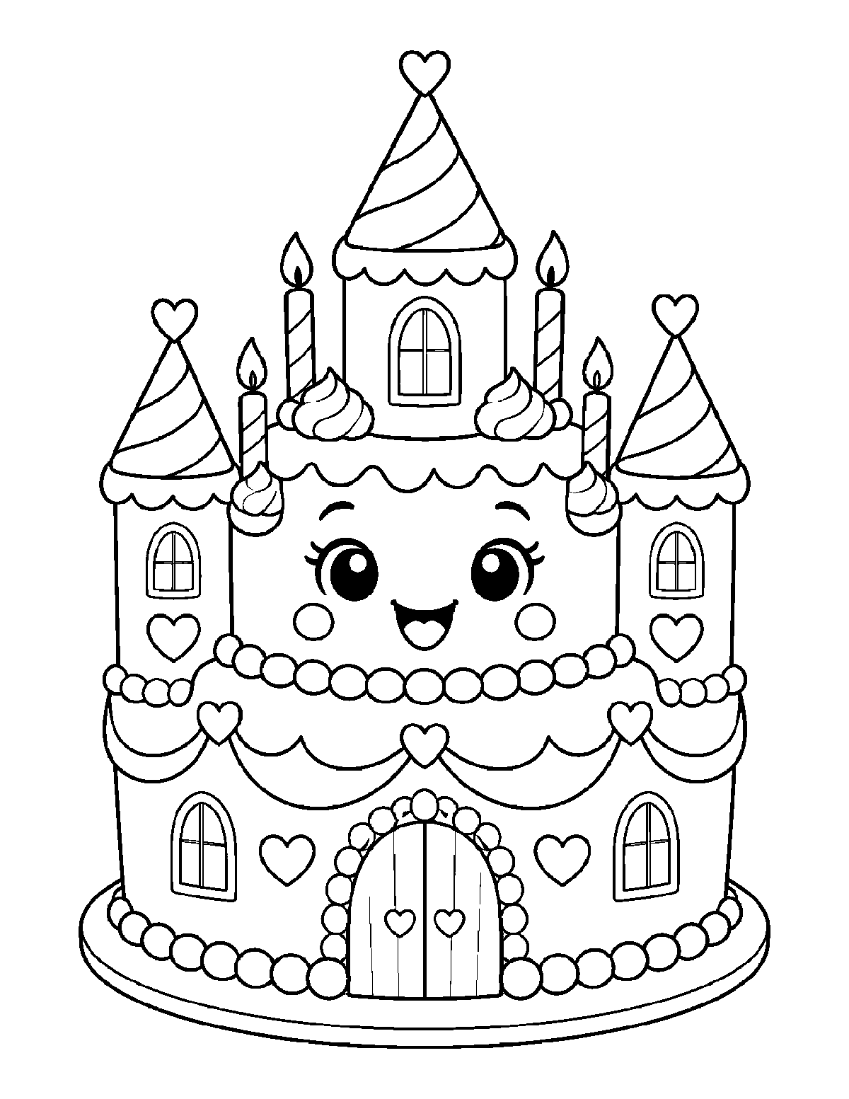 Coloring page of a smiling castle-shaped birthday cake with three towers, four candles, heart decorations, windows, and doors
