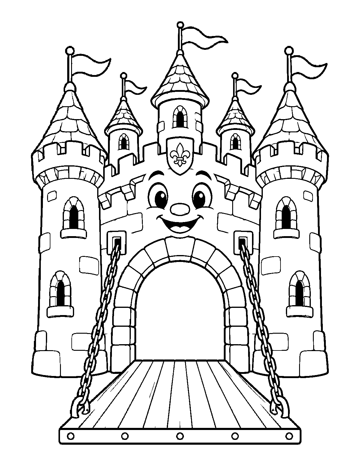 Coloring page of a smiling castle with five flags, round towers, an open gate, chains, and a lowered drawbridge