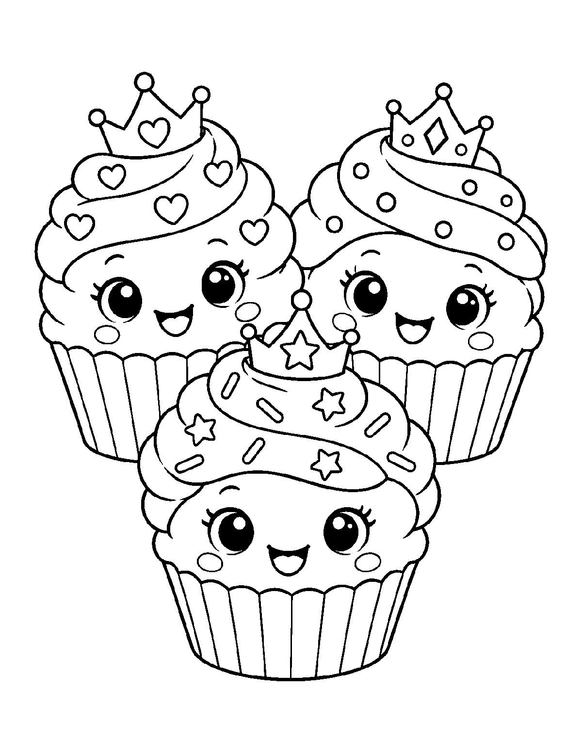 Coloring page of three smiling cupcakes with swirled frosting, patterned decorations, striped wrappers, and tiny crowns