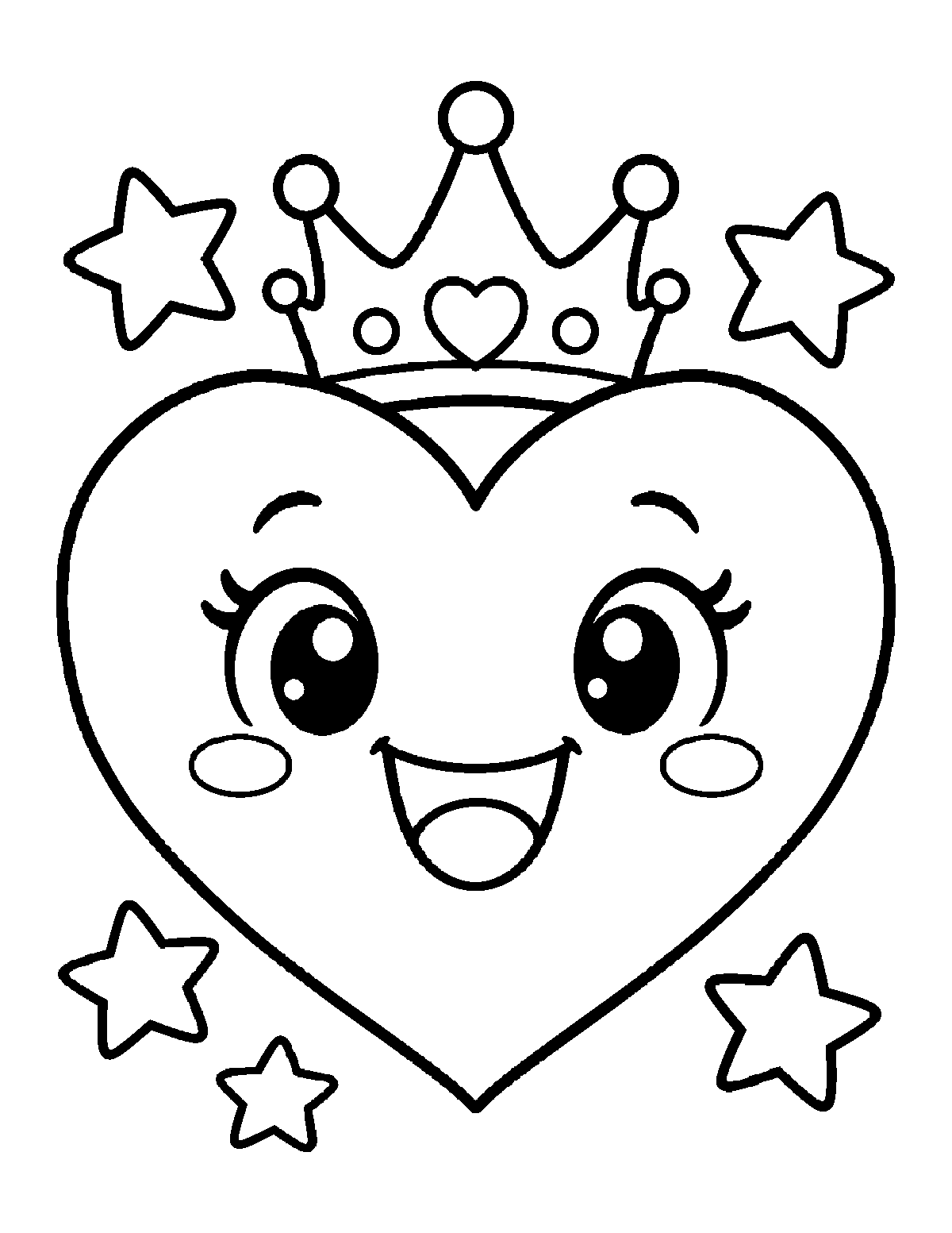 Coloring page of a large smiling heart wearing a tall crown and surrounded by five stars